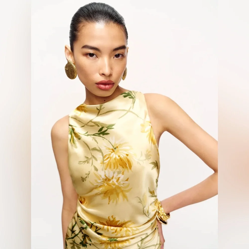 NEW Reformation Anaiis Long Backless Silk Dress Honeyglow Yellow Floral | US 2 - Picture 6 of 15